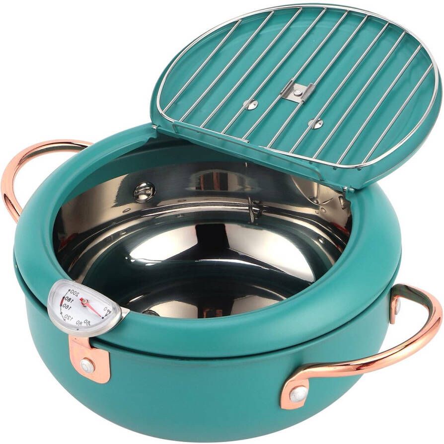 Tempura frituurpan met thermometer en olieopvangrek Japanse roestvrijstalen braadpan voor inductiekookplaat voor het frituren van kip frietjes frituren van vis en garnalen (diepgroen)