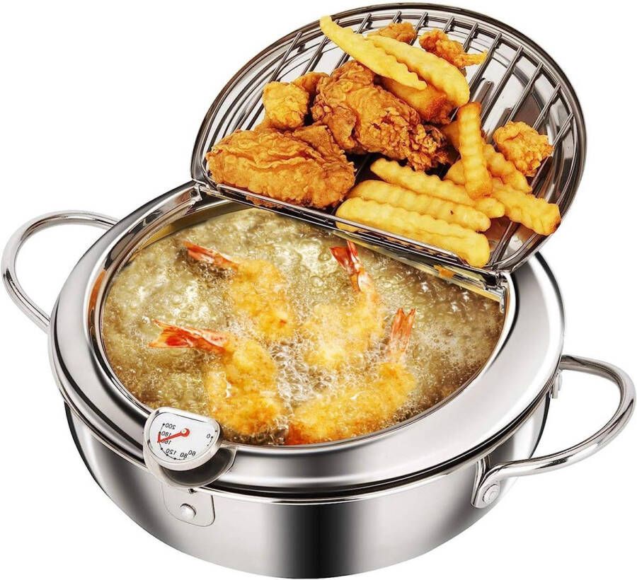 Tempura frituurpan roestvrijstalen 24cm met deksel-olie-druiprek en thermometer in Japanse stijl compatibel met inductiekookplaat
