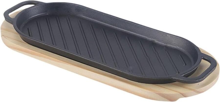 Teppanyaki Grillpan Steakplaat Bakplaat Buiten Koken Met Houten Voet 378 cm Plaat Zwart