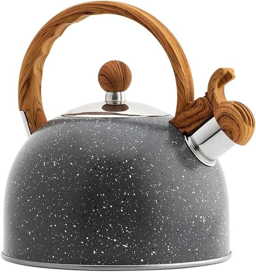 Thee Waterkoker Fluitketel RVS Water Koken Houtnerf Handvat 25 Liter Space Grey