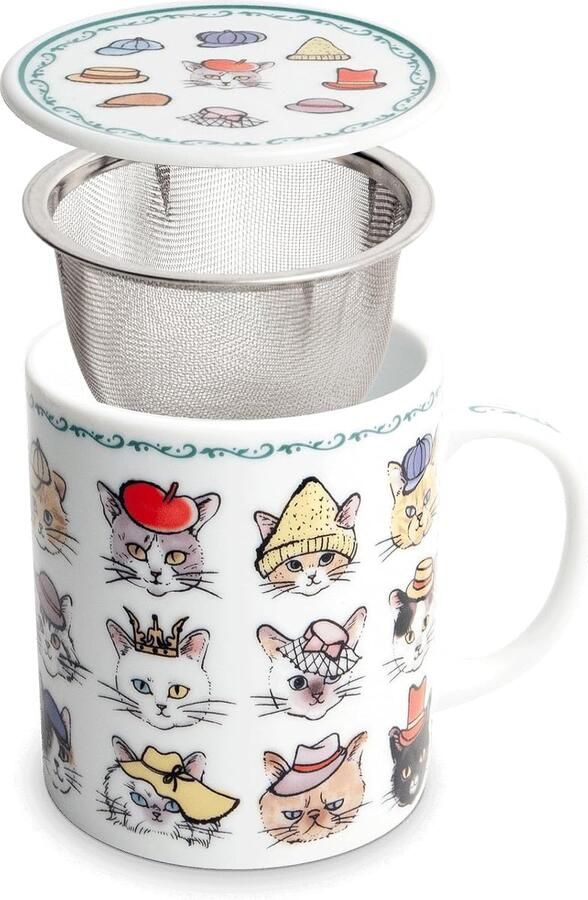Theebeker met filter Katten Theeglas 300 ml Theebeker groot Met deksel Porselein Theeglas met filter Theefilter Theemok set Theemok met zeef en deksel Drinkbeker Koffiebeker