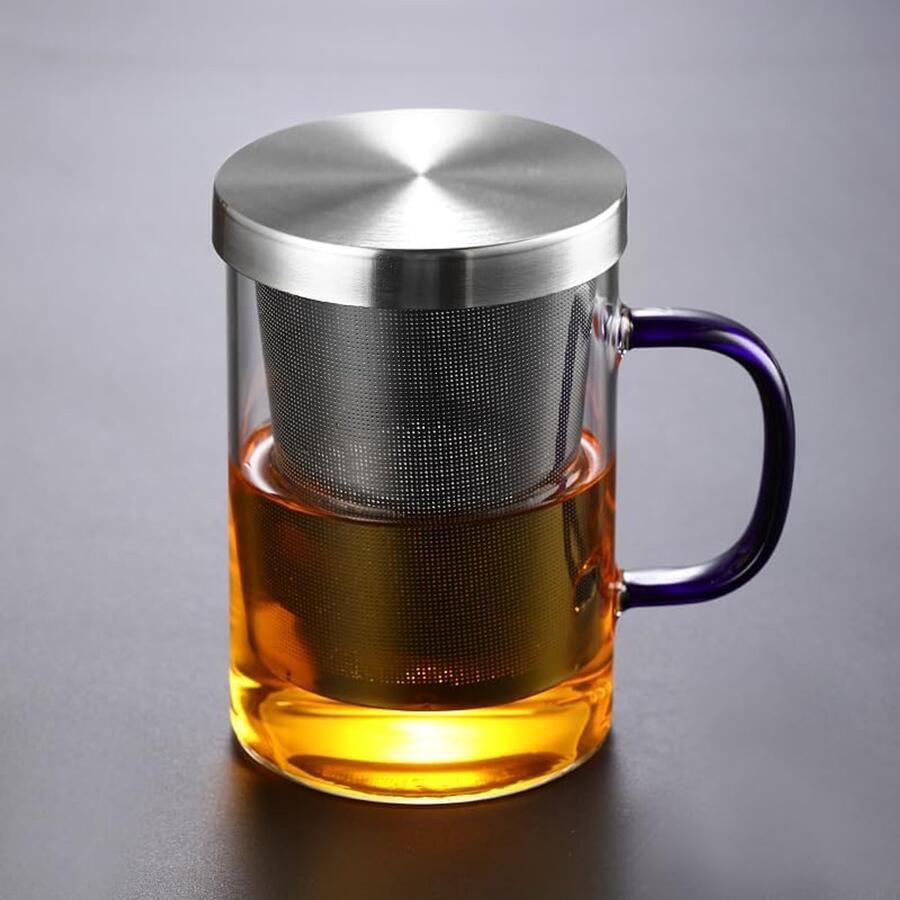 Theeglas van glas 450ml theeglas met zeef en deksel theekop filter van roestvrij staal een goed theeservies meer genot bij het drinken van thee (blauwe handgreep)