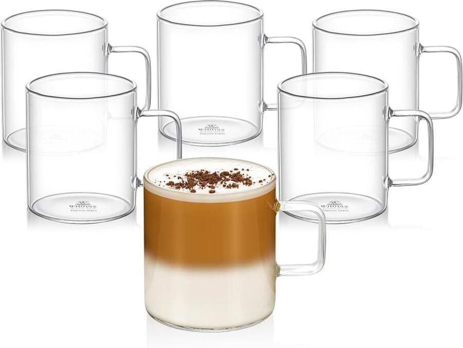 Theeglazen & koffieglazen met handvat set van 6 stuks 300 ml glazen voor warme en koude dranken koffiemokken glühwein sapglazen waterglazen glazen kopjes vaatwasmachinebestendig