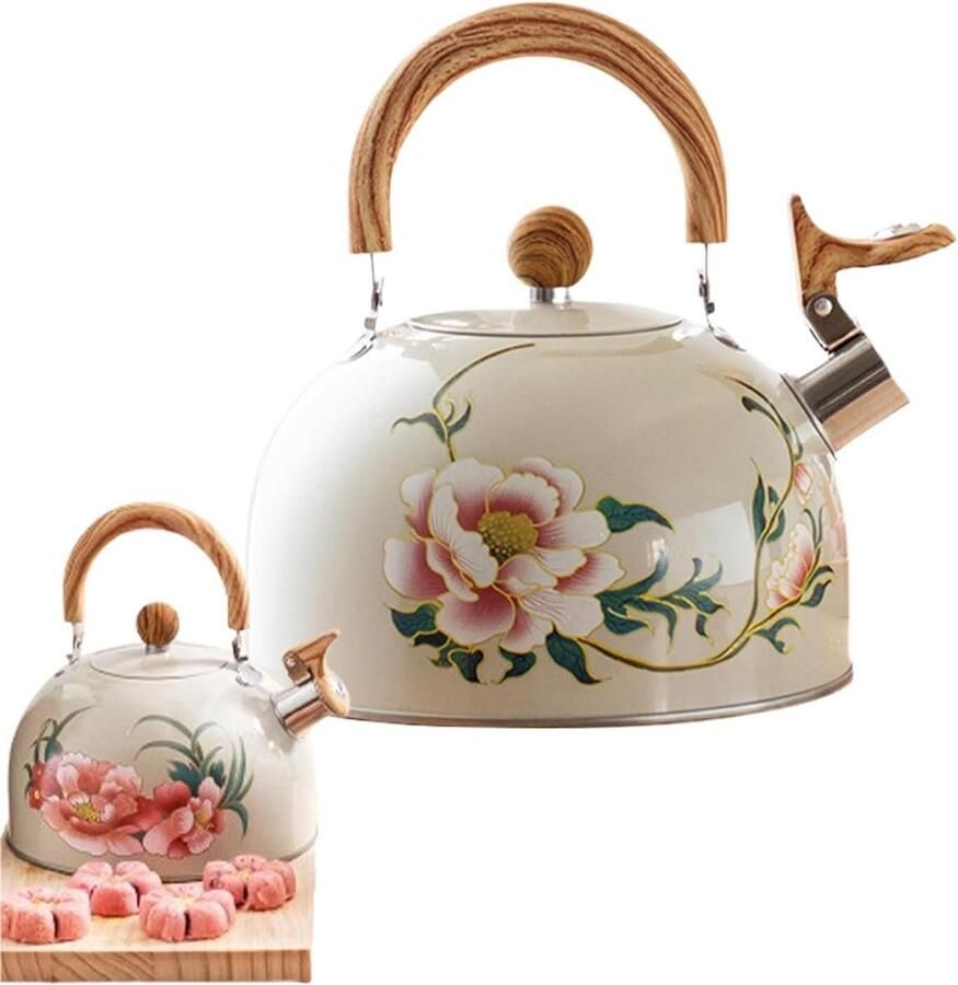 Theeketel Keuken Theepot Kookplaat Water Koken Bloemenpatroon 3 liter Crèmekleurig