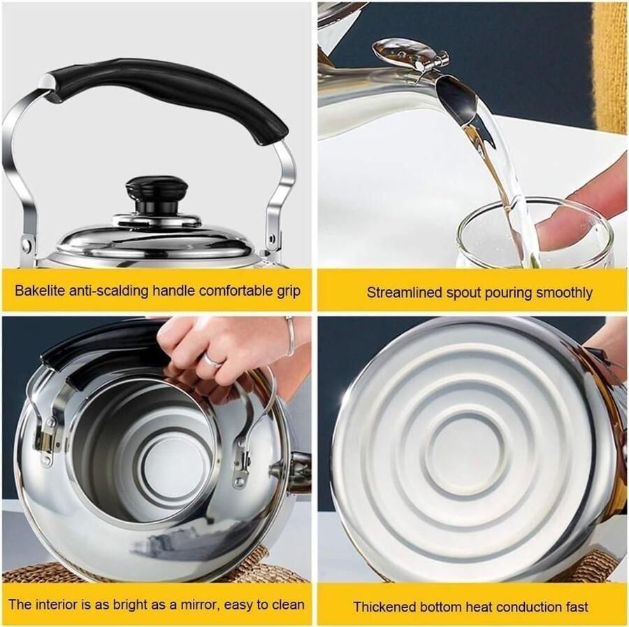 Theeketel Kookplaat Waterketel RVS Snel Water Koken Fluitend Signaal 5 Liter Zilverkleurig