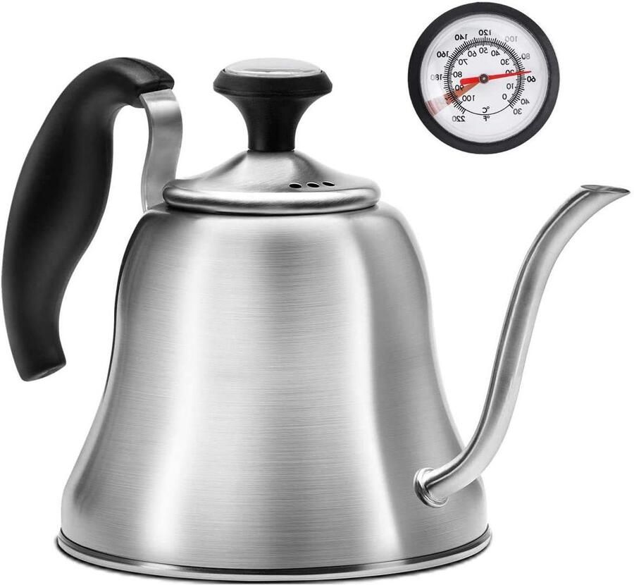 Theeketel Kookplaat Waterkoker Zwanenhals Koffie Zetten Ingebouwde Thermometer 1.2L Geborsteld Staal