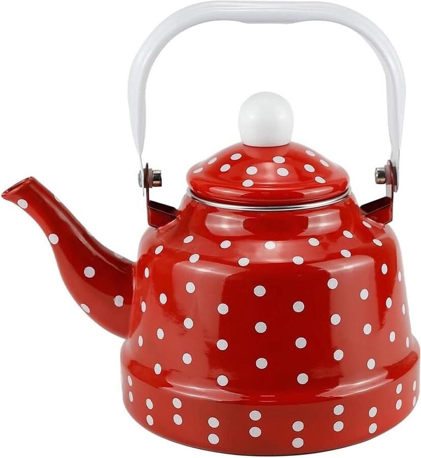 Theeketel Polkadot Waterkoker Emaille Thee Zetten Grote Uitloop 2.5L Rood