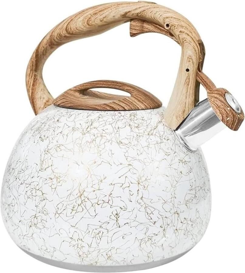 Theeketel Roestvrij Staal Waterketel Met Fluit Water Koken Houtnerf Handvat 2.8 Liter Zilver