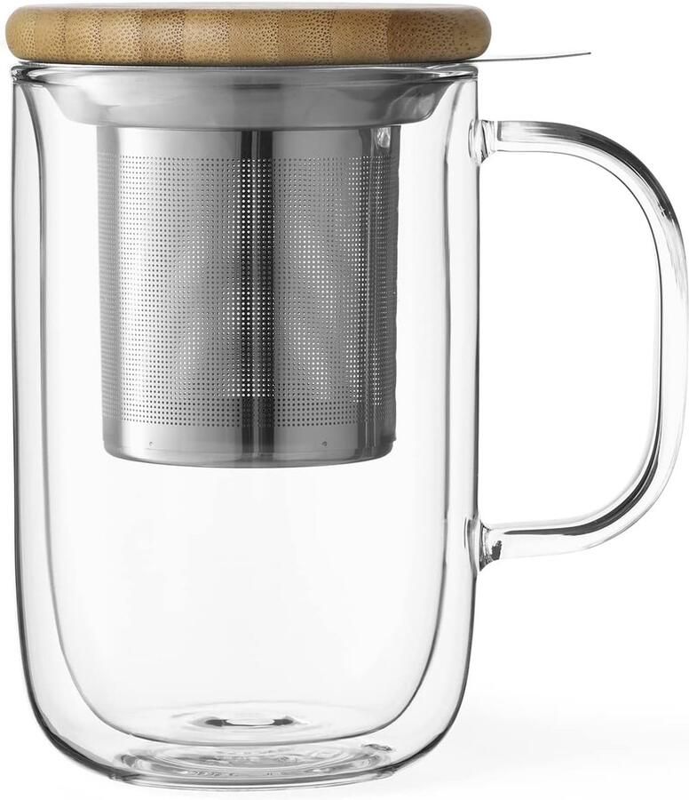 Theekop uit dubbelwandig glas met handvat thermoglas met roestvrijstalen zeefje voor losse theeblaadjes en bamboe houten deksel 0 5 liter