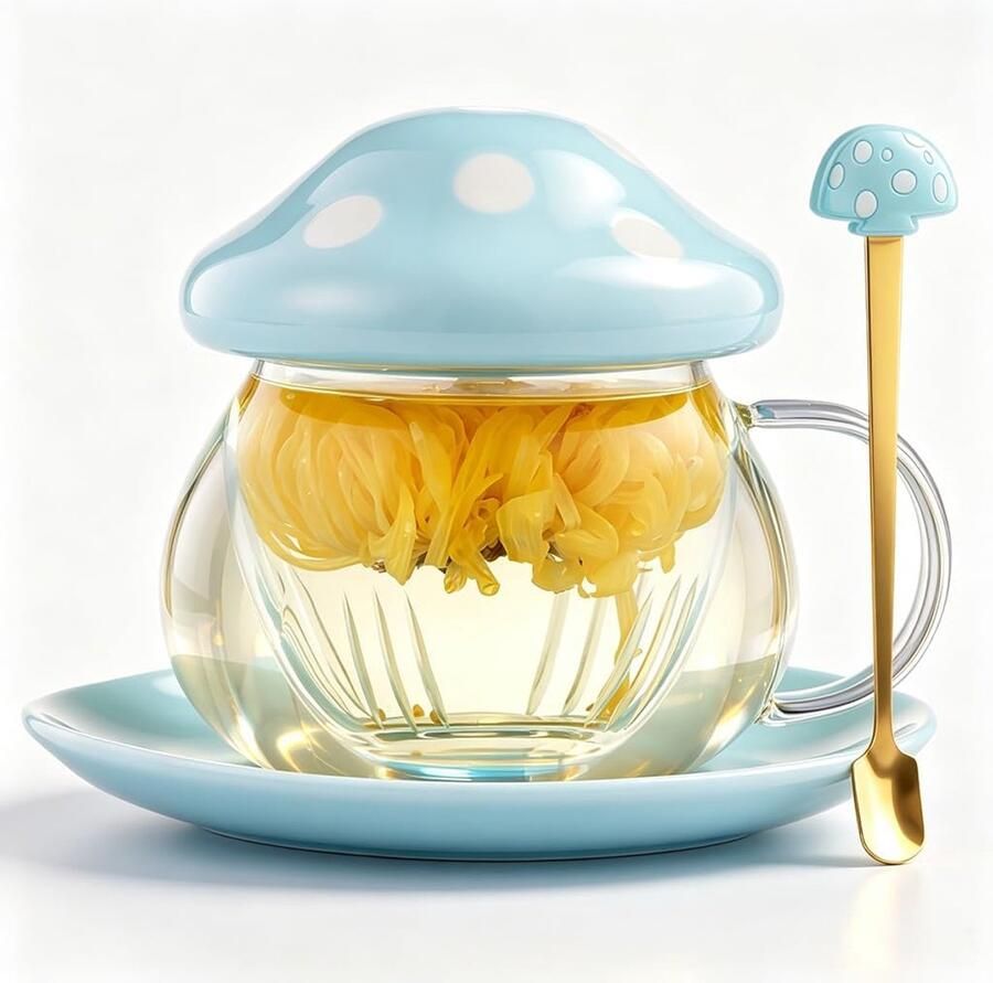 Theekop van paddestoelglas met infuser en lepel doorzichtige Kawaii theepot met zeeffilter keramisch deksel en onderzetter hittebestendig voor thuis en op kantoor 290 ml (blauw)