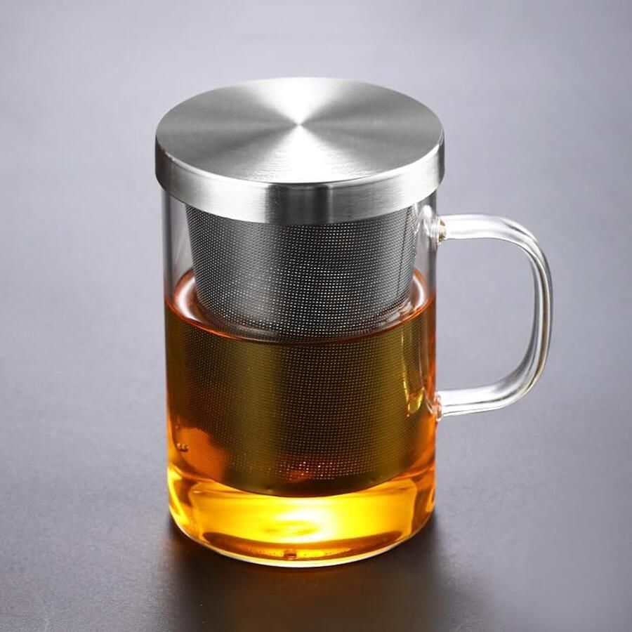 Theemok van glas 450 ml theeglas met zeef en deksel theekop filter van roestvrij staal een goed theepot meer genot bij het drinken van thee (transparante handgreep)