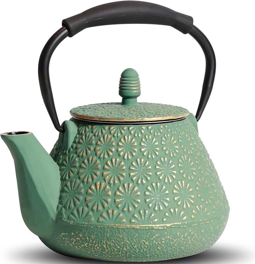 Theepot 32 oz theeketel met infuser voor fornuis Sakura bloesem patroon Japanse theepot voor thee en koffie gecoat met geëmailleerd interieur siliconen handvat 950 ml groen