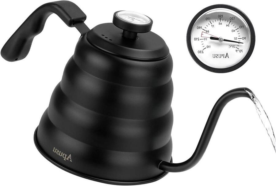 Theepot met Thermometer Waterkoker Schenkkan Koffie Zetten Geïntegreerde Temperatuurmeter 1200 ml Zwart