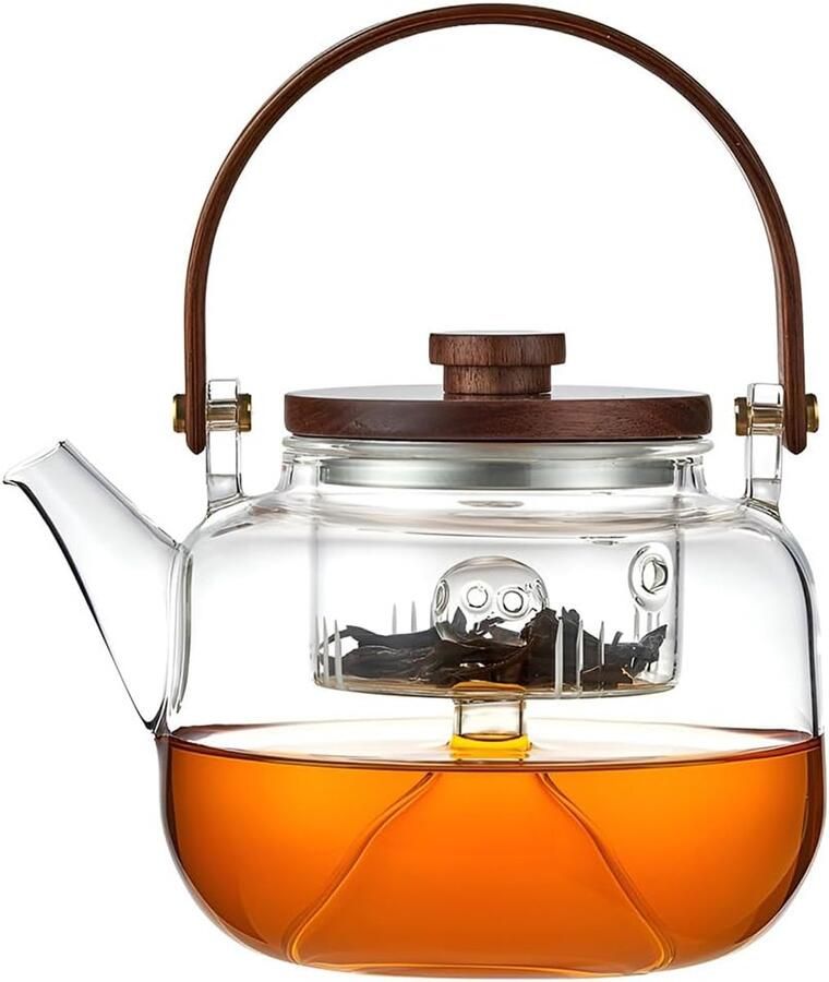 Theepot met zeef 800 ml theekoker voor losse bloeiende thee met houten deksel voor fornuis elektrisch fornuis