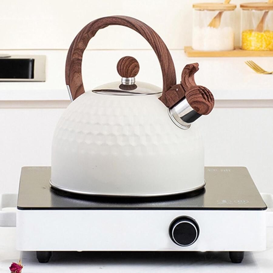 Theepot Roestvrijstaal Waterkoker Fluitend Thee Zetten Luid Kookalarm 25 Liter Beige Hamer