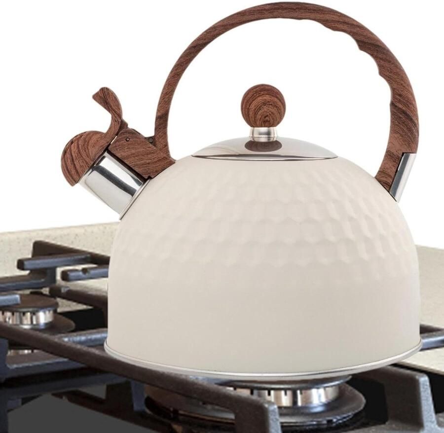Theeketel RVS Waterkoker Vintage Thee Zetten Fluitend Alarm 25 Liter Beige Hamer
