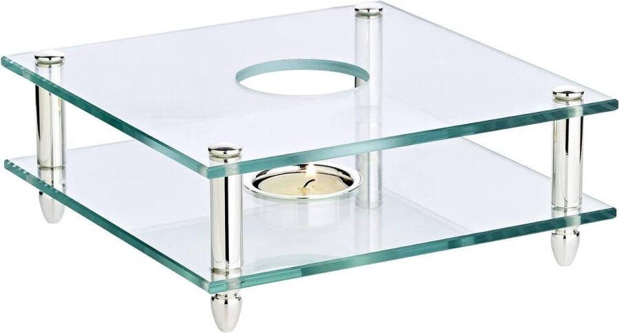 Theepot warmer (19 x 19 cm) glas & zilver koffie en thee warmhoudplaat met theelicht theelichthouder voor koffiepot & theepot