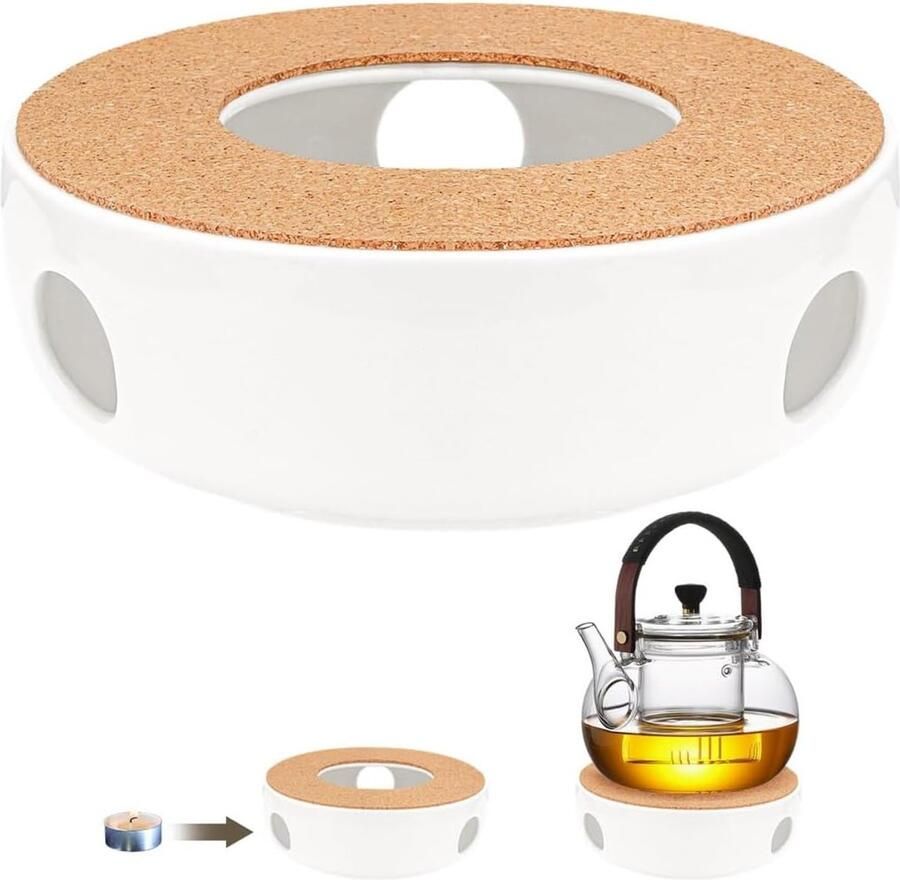 Theepot warmer Koffieplateau Thee warm houden Met kurkmat 15 cm diameter Wit