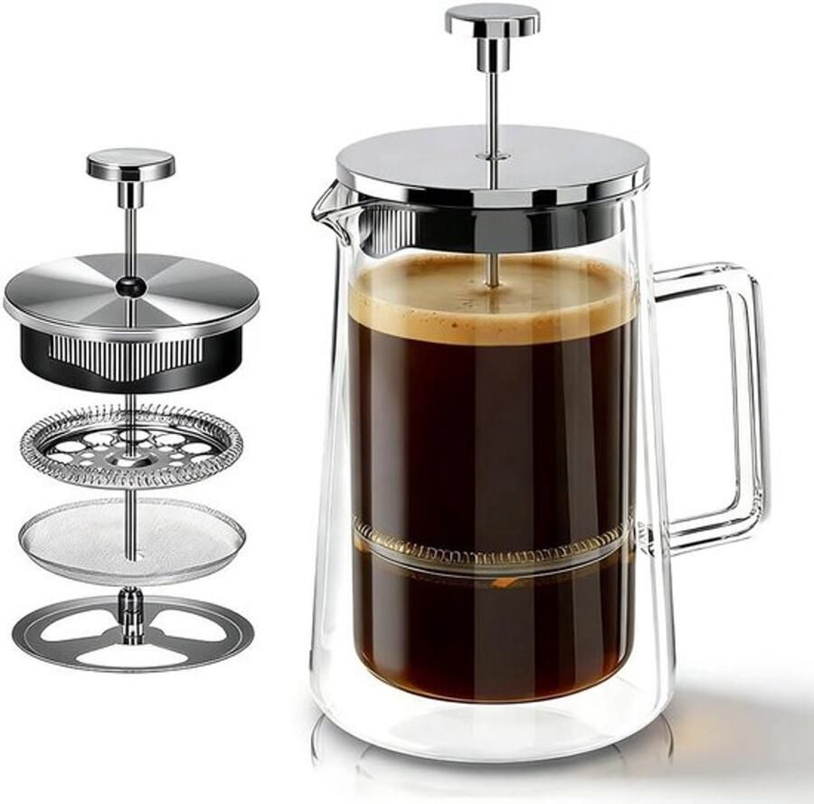 Thermische French Press Koffiezetter Dubbelwandige Koffiepers van Borosilicaatglas en RVS Vaatwasserbestendig met 1000 ml Capaciteit voor Perfecte Koffie en Thee