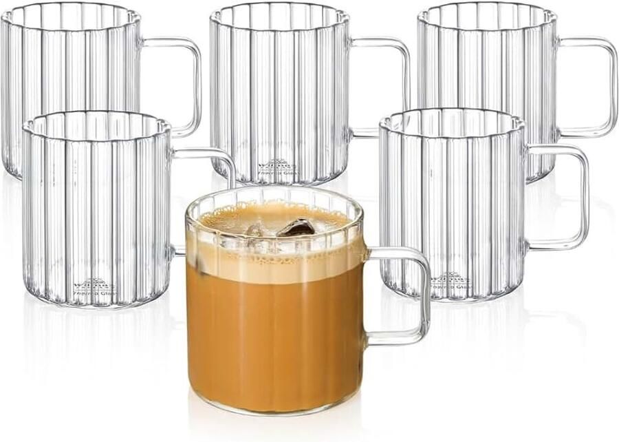 Thermische glazen met handvat Set van 6 300 ml Geribbelde glazen voor water thee koffie Theeglazen en koffieglazen Bekers voor warme en koude dranken Vaatwasserbestendig