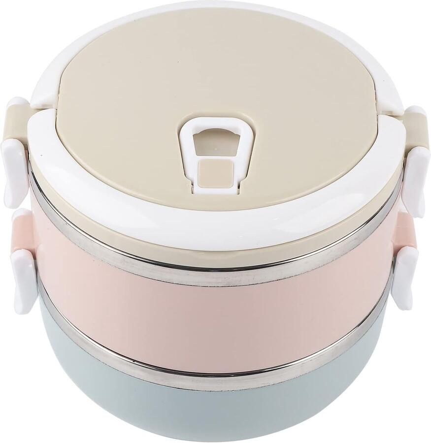 Thermische Lunchbox Roestvrijstaal Container Warm Eten Meenemen Modulair Stapelbaar 1400ml 2 Lagen Zilver