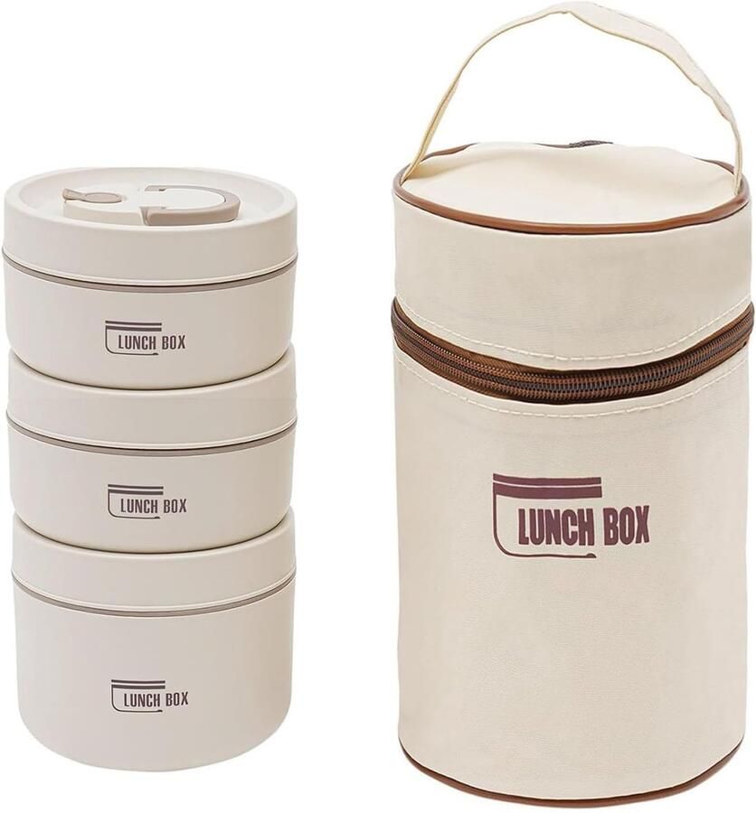 Thermo Lunchbox Roestvrijstalen Container Eten Warm Houden Lekvrij Design 2x 440ml & 1x 600ml Beige