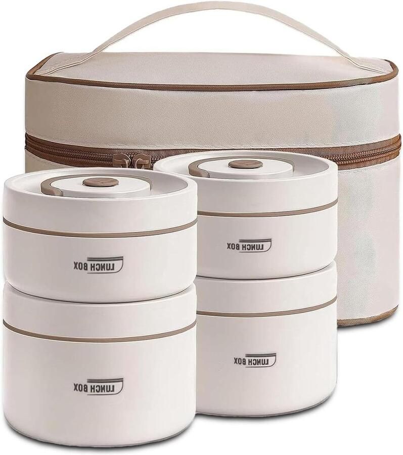 Thermo Lunchbox Set Voedselcontainers Warme maaltijden Lekvrij roestvrij staal 4 stuks Beige