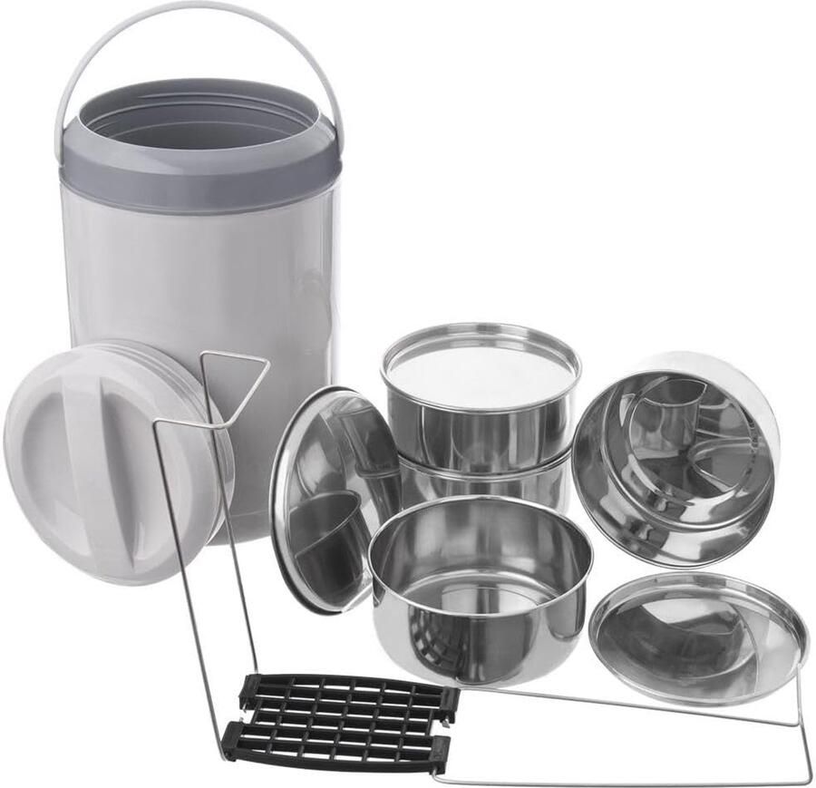 Thermo Lunchbox Voedselcontainer Maaltijden Meenemen 4 Lagen Stapelbaar 4x 800ml Zilver
