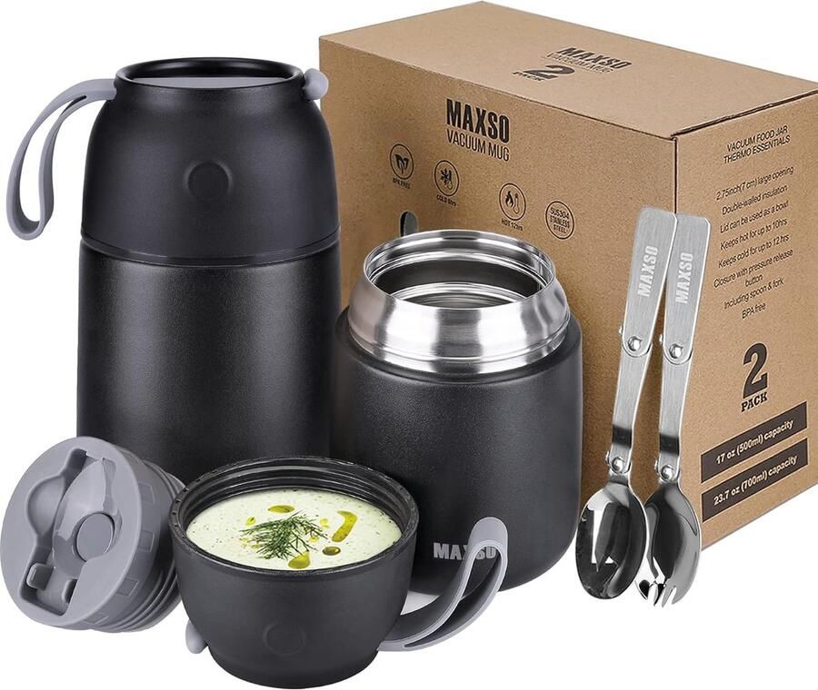 Thermo Voedselcontainers Lunchpotten Warme Lunch Vacuüm Geïsoleerd Set van 2 Zwart