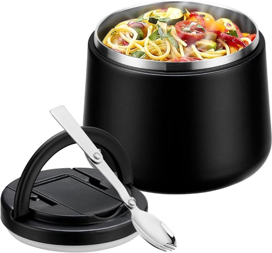 Thermos Container Voedselwarmer Lunchbox Warm Eten Meenemen Lekvrij Met Lepel 420 ml Zwart