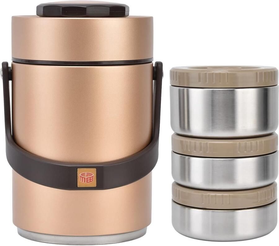 Thermos Lunchbox Voedselcontainer Maaltijden Warm Houden 3 Laags Isolatie 2000ml Goud