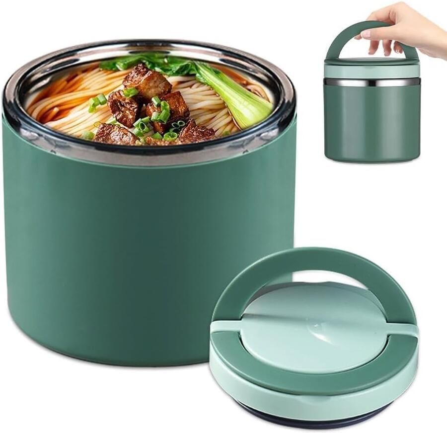 Thermos Voedselcontainer Warmhoudbak Maaltijd Meenemen Dubbelwandig Geïsoleerd 1 Liter Inhoud Groen