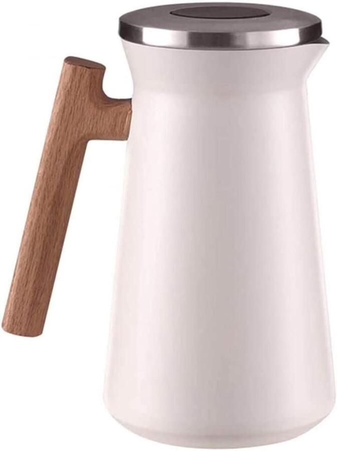 Thermoskan 1 liter roestvrijstalen thermoskan op dubbele koffie door behoud in de hitte van 12 tot 24 uur met houten handvat roestvrijstalen kan voor koffie thee drinken -white