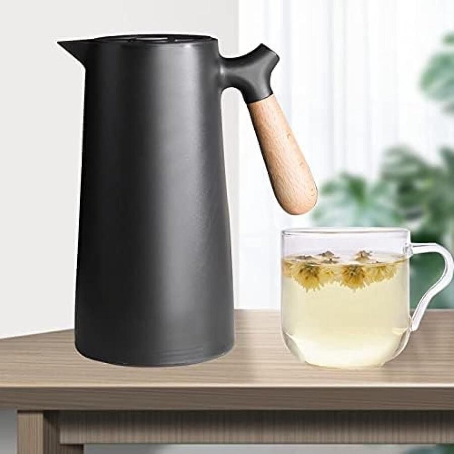 Thermoskan met Houten Handvat Isolatiekan Warmhoudkan Drinken Warm Houden Glazen Binnenlaag 1000ml Wit