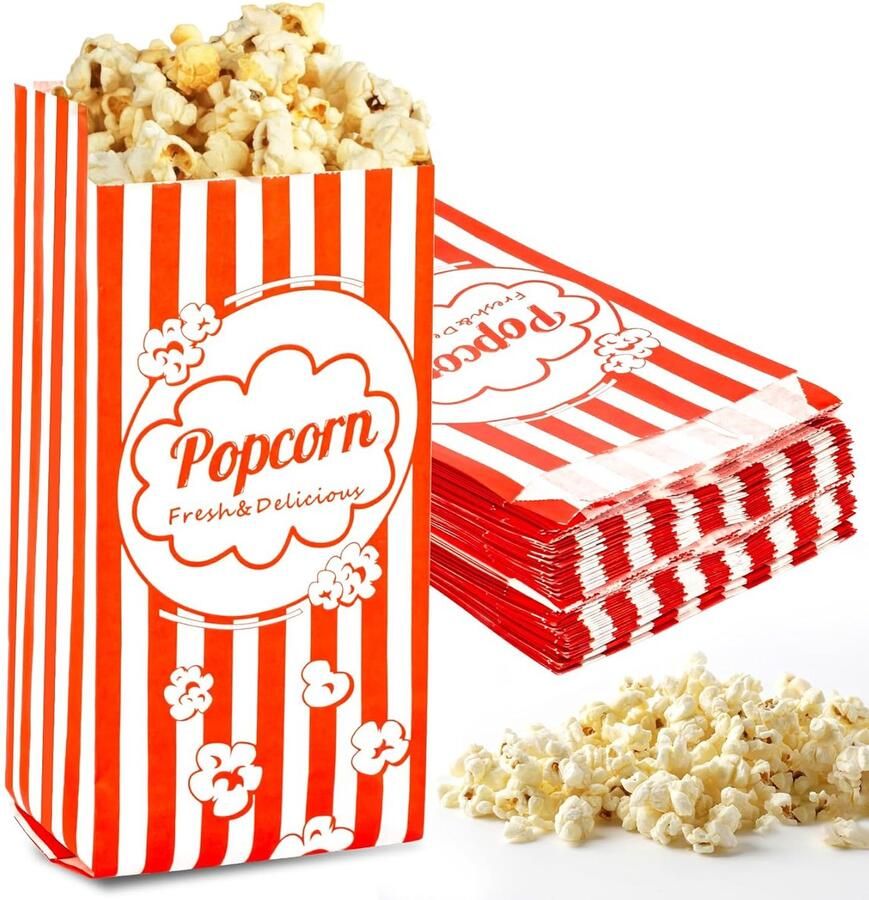 SnelShoppen 100 STKS Popcorn Zakken Individuele Porties Wegwerp Papieren Popcorn Zakken voor Filmavond Feesten Carnaval en Halloween Makkelijk