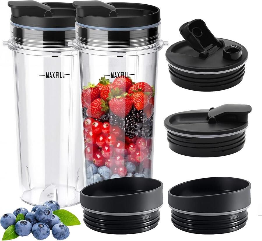 Thijox 2 Vervangende Blenderbekers 16oz met 4 Drink- en Sluitdeksels voor Ninja Blenders Geschikt voor BL660 BL740 BL770 BL780 BL810 BL820 Q