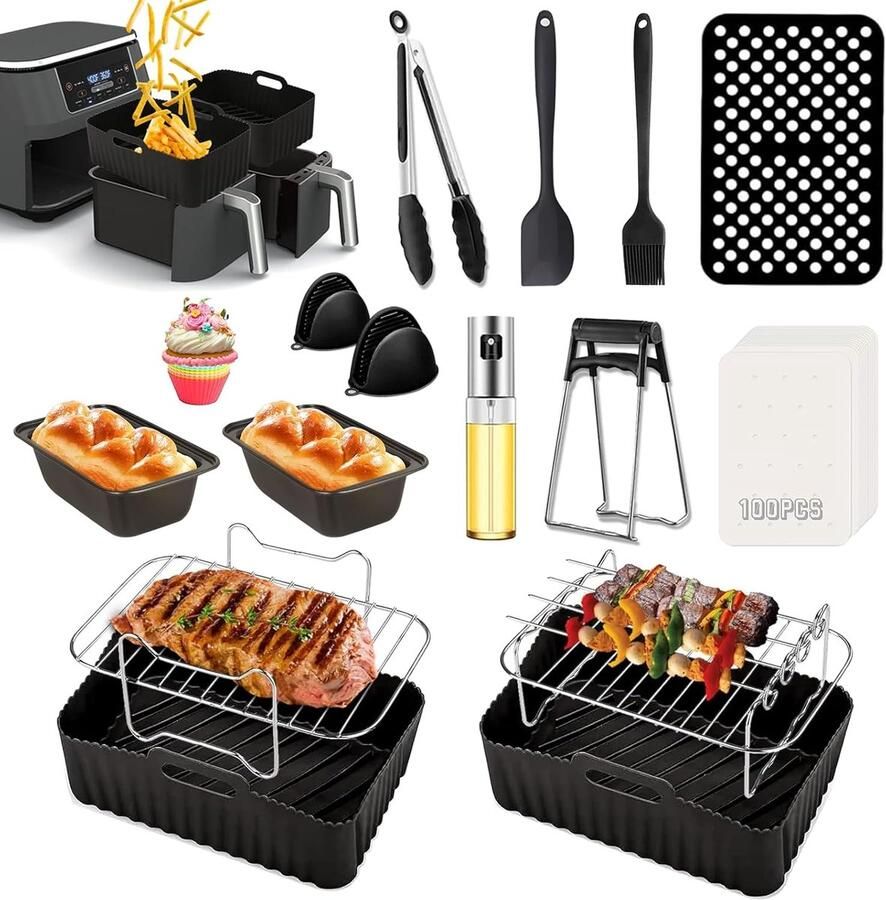 Thijox 21-delige Accessoires Set voor Luchtfriteuse Bakvormen Grill & Bakpapier voor Foodi Dual Zone AF300EU AF400EU Innsky Cosori 7 6 L-9 5 L Ke