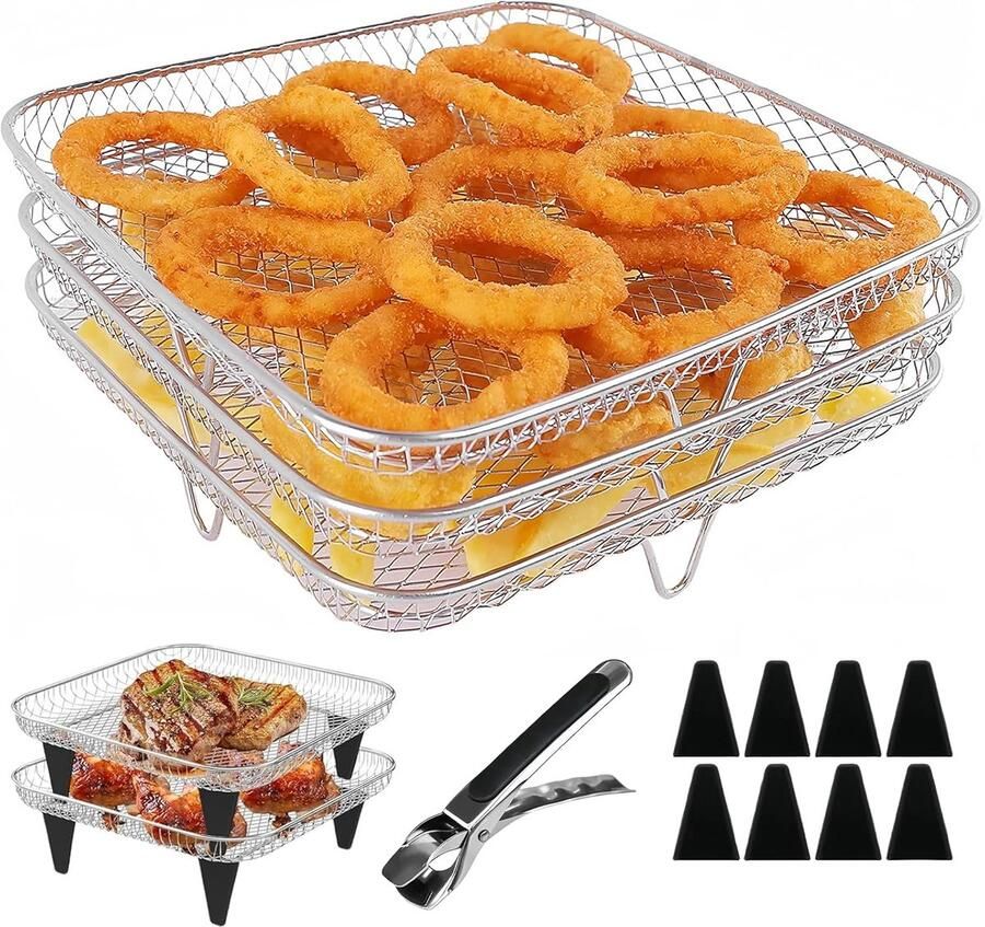 Thijox 3-laags stapelbare luchtfriteuse rek van 304 roestvrij staal 21 x 21 x 9 cm Vierkant Air Fryer Tray met 4 siliconen voetjes en pincet O