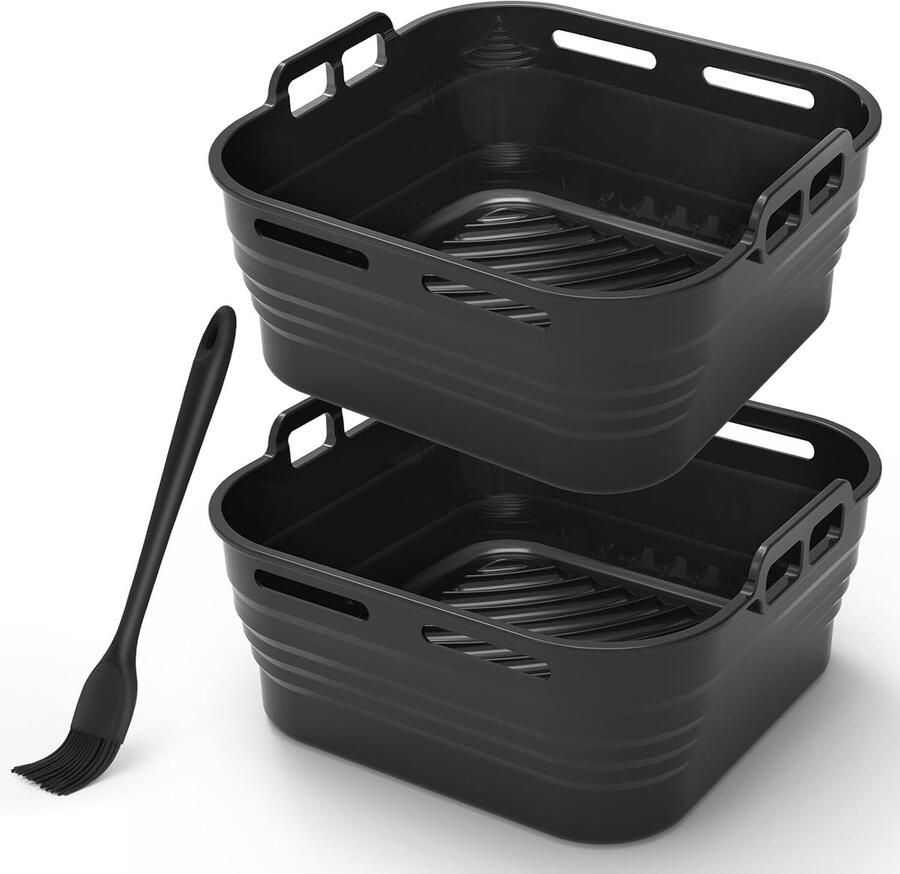 Thijox Air Fryer Silicone Pot met Olieborstel 2 Stuks Herbruikbare Airfryer Pan Liners Vierkante Tray Rack Accessoires voor Air Fryers Magnetro