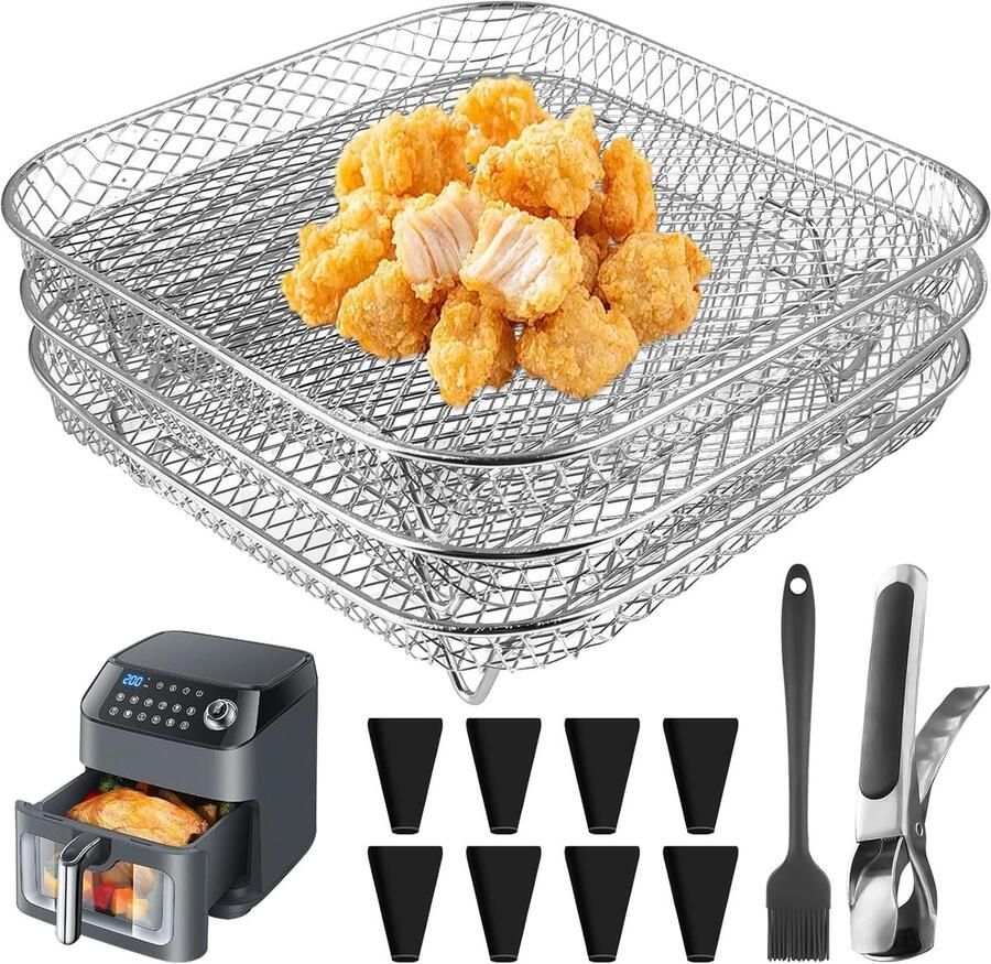 Thijox Airfryer 3 Laags Stapelbaar Roestvrij Staal Accessoires voor Heteluchtfriteuse met Siliconen Voetjes Pincet en Borstel voor 5-7 5 L Air Frye