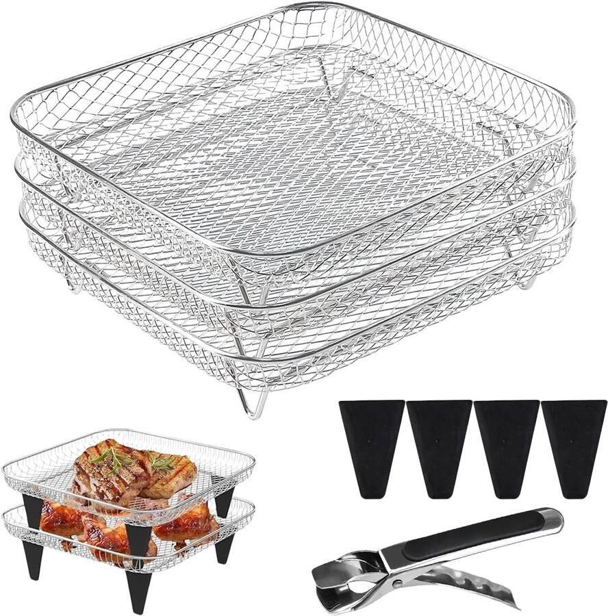 Thijox Airfryer Rek 3-Laags Stapelbaar Rooster voor Heteluchtfriteuse Accessoires Compatibel met Cosori 5 5L 6L Ninja Max Pro 6 2L Vaatwasmachine