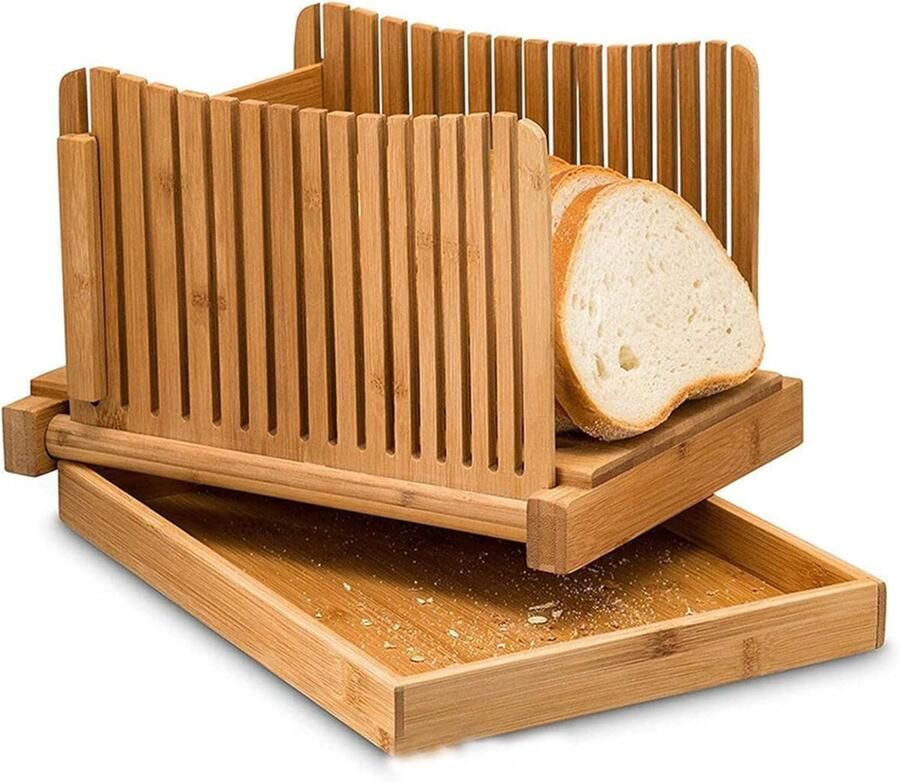 Thijox Bamboe Broodsnijder Opvouwbaar met Kruimelvanger Snijmachine voor Zelfgemaakt Brood Inclusief Snijplank en Mes Ideaal voor Keuken Feest e