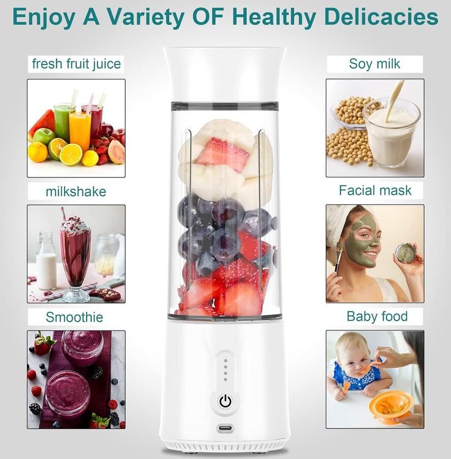 Thijox Draagbare Blender met 6 Roestvrijstalen Mesjes USB Oplaadbaar 380ml Food Grade ABS Ideaal voor Smoothies en Shakes Camping Keuken Spor