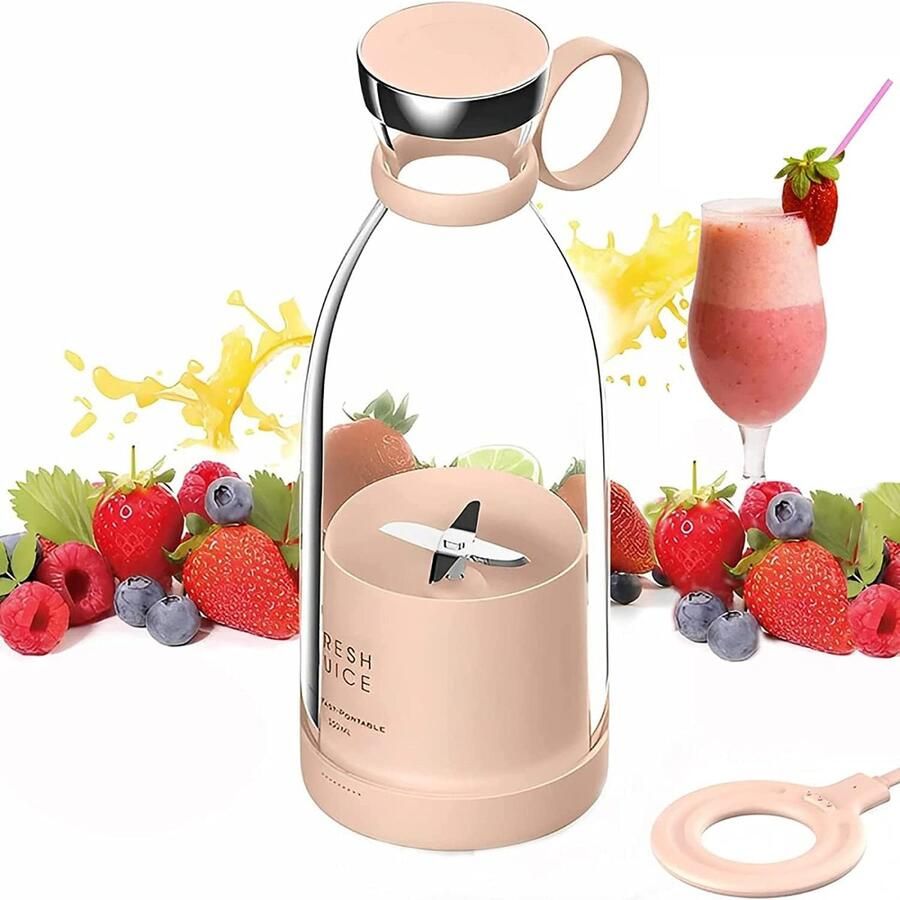 Juice Draagbare blender voor smoothies persoonlijke mixer draagbaar draadloos oplaadbaar USB sport camping fitness (roze)