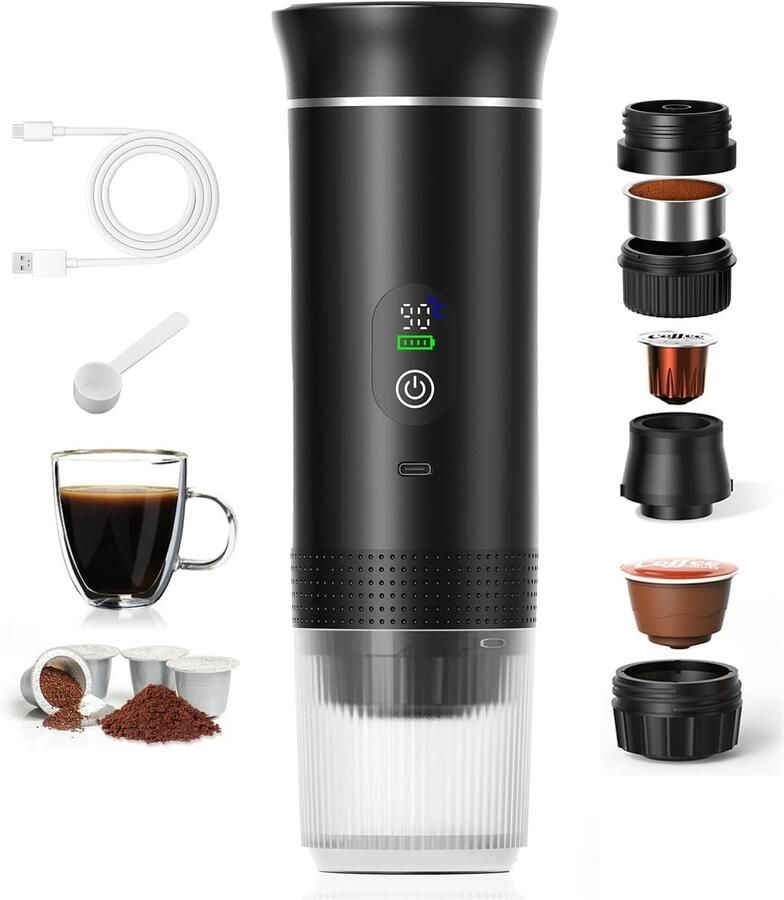 Thijox Draagbare Koffiemachine 3-in-1 met Temperatuurdisplay Snel Verwarmen 80ml 20 Bar Druk Geschikt voor Cups & Gemalen Koffie 7500mAh USB-C