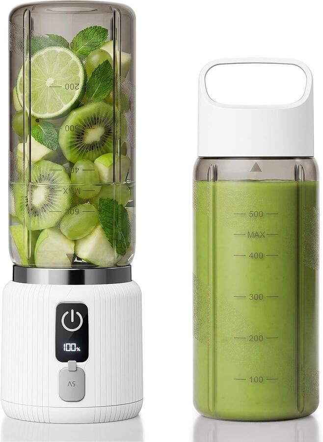 SnelShoppen Draagbare Mini Blender met LED-Display 500ml 22000 omw min USB-C Oplaadbaar Ideaal voor Smoothies Shakes Reizen Sportschool Wit