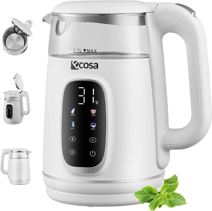 Thijox Ecosa Waterkoker met Temperatuurinstelling 1 7L Glas en Roestvrij Staal BPA-vrij Theekoker 2200W Warmhoudfunctie LED Verlichting Woldo