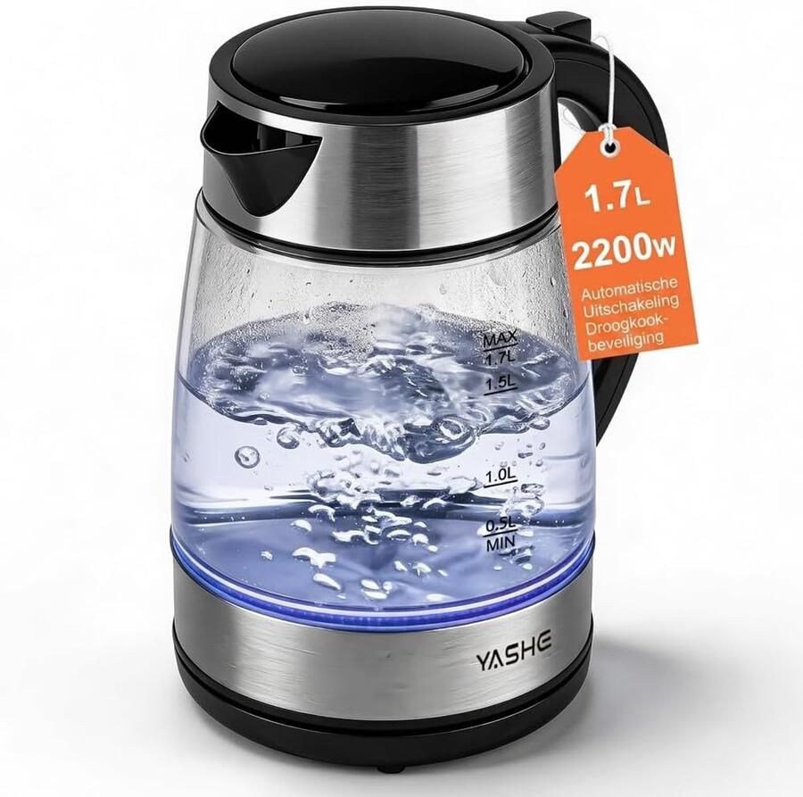 Thijox Elektrische Glas Waterkoker 1 7L 2200W Snelkoker met Blauwe LED Verlichting Automatische Uitschakeling en Droogkookbeveiliging Draadloos