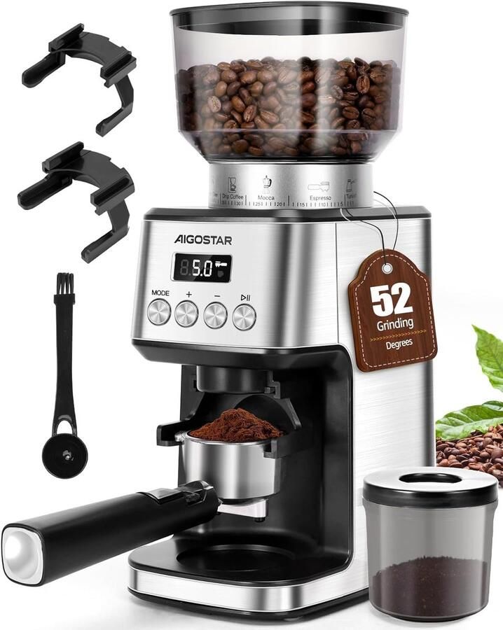 Thijox Elektrische Koffiemolen met 52 Maalstanden Conische Maalschijf voor Espresso Professionele RVS Koffiemaler met Digitaal Display Zilver voo