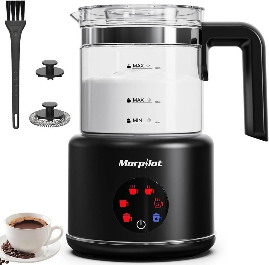 Thijox Elektrische melkopschuimer 6-in-1 130-500 ml 600W zwart Voor warme koude en chocolademelk latte-design vaatwasmachinebestendig